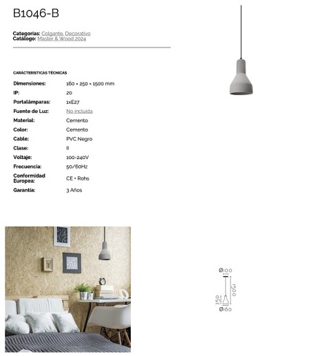 Ficha Lámpara cemento cocina B1046-B - Ineslam