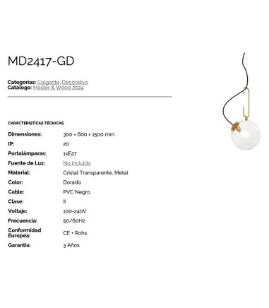 aracterísticas Lámpara colgante globo transparente Ø30cm MD2417 - Ineslam
