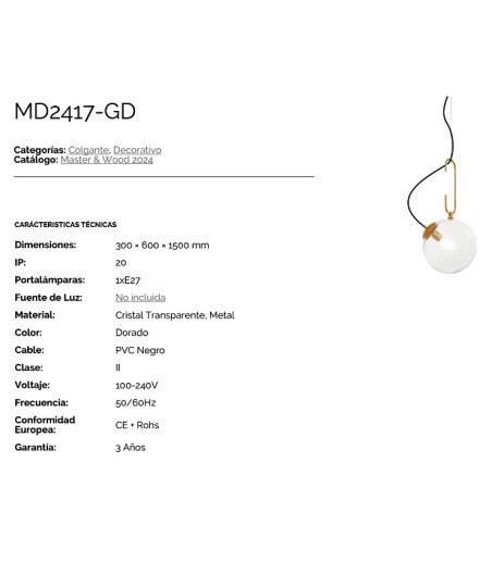 aracterísticas Lámpara colgante globo transparente Ø30cm MD2417 - Ineslam
