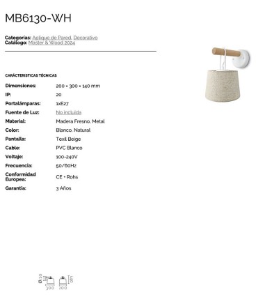 Características Aplique de pared nórdico MB6130-WH - Ineslam