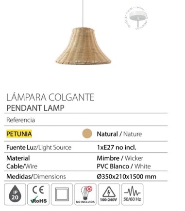 Características Lámpara de techo mimbre natural Petunia - Ineslam