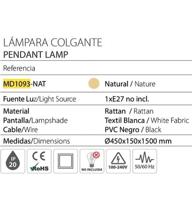 Lámpara de techo ratán MD1093-NAT Ø45 cm - Ineslam
