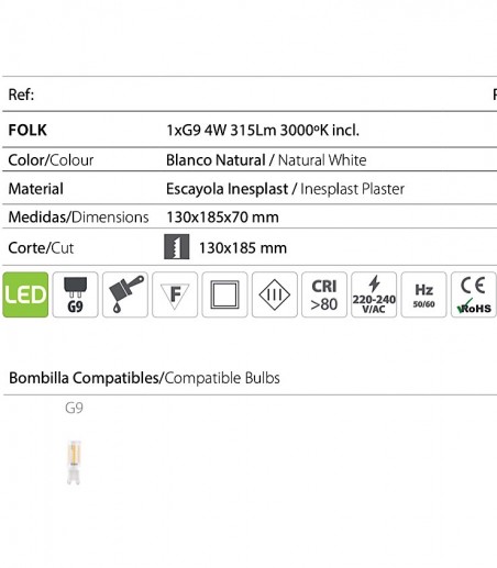 Características Empotrable pared invisible Folk escayola G9 - Ineslam - 185x130 mm