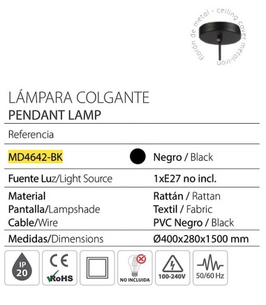 Lámpara de techo ratán y textil...