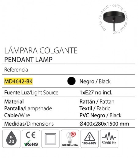Lámpara de techo ratán y textil MD4642-BK Ø40 - Ineslam