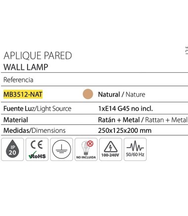 Características Aplique de pared ratán MB3512-NAT - Ineslam