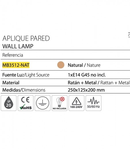 Características Aplique de pared ratán MB3512-NAT - Ineslam