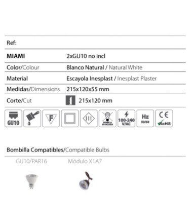 Características Empotrable invisible escayola doble Miami GU10 - Ineslam - 215x120 mm