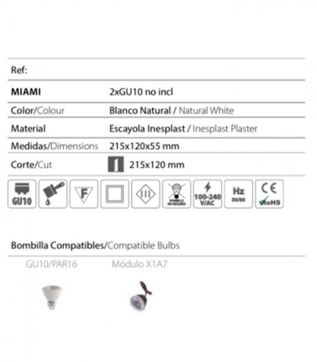 Características Empotrable invisible escayola doble Miami GU10 - Ineslam - 215x120 mm