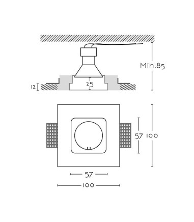 Dimensiones Foco empotrable invisible de escayola Amber GU10 - Ineslam - 100x100 mm
