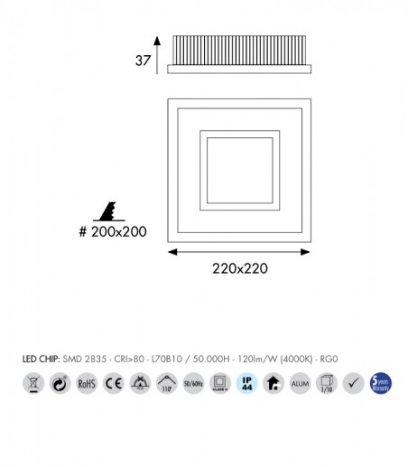 Downlight LED cuadrado confort Technical IP44 PRO 25W - Jiso - 220x220