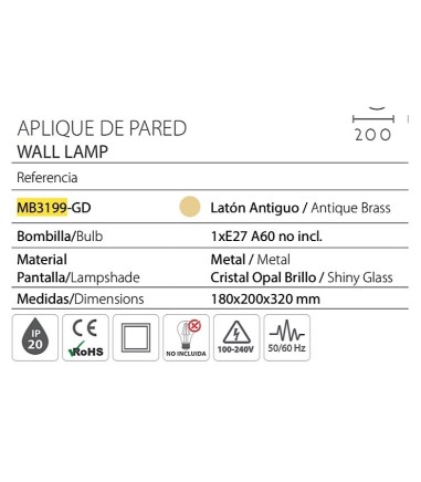 Características Aplique de pared tulipa globo cristal MB3199-GD - Ineslam