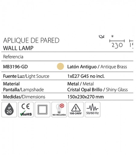 Características Aplique de pared dorado con globo cristal MB3196-GD - Ineslam