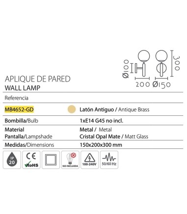 Características Aplique de pared dorado con globo cristal MB4652-GD - Ineslam