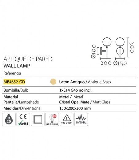 Características Aplique de pared dorado con globo cristal MB4652-GD - Ineslam