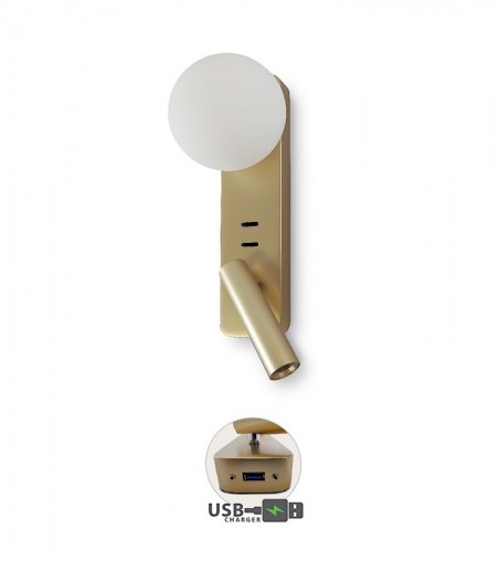 Aplique de pared dormitorio dorado tulipa cristal y USB MB2213-GD - Ineslam