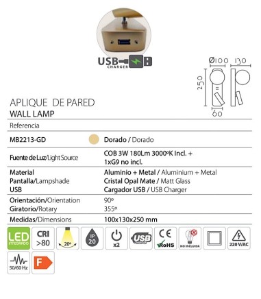 Características Aplique de pared dorado tulipa cristal y USB MB2213-GD - Ineslam