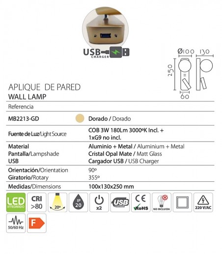 Características Aplique de pared dorado tulipa cristal y USB MB2213-GD - Ineslam