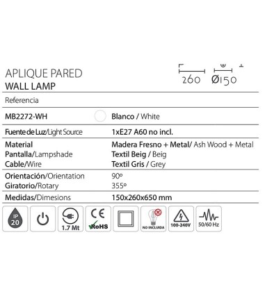 Características Aplique de pared altura regulable con pantalla MB2272-WH - Ineslam