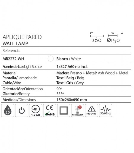 Características Aplique de pared altura regulable con pantalla MB2272-WH - Ineslam