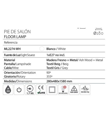 Características Lámpara pie pantalla beige orientable ML2274-WH - Ineslam