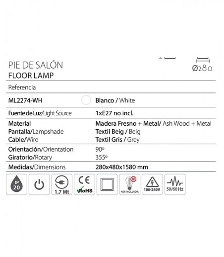 Características Lámpara pie pantalla beige orientable ML2274-WH - Ineslam