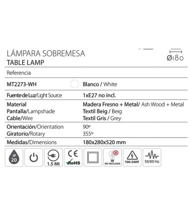 Características Lámpara de mesa pantalla beige orientable MT2273-WH - Ineslam