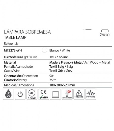 Características Lámpara de mesa pantalla beige orientable MT2273-WH - Ineslam