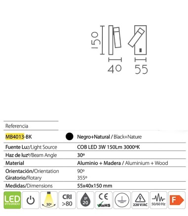 Características foco orientable madera MB4013-BK LED 3W - Ineslam