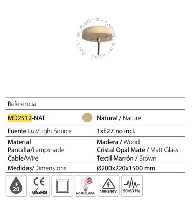 Características: Lámpara de techo colgante cristal/madera MD2512-NAT Ø20 - Ineslam