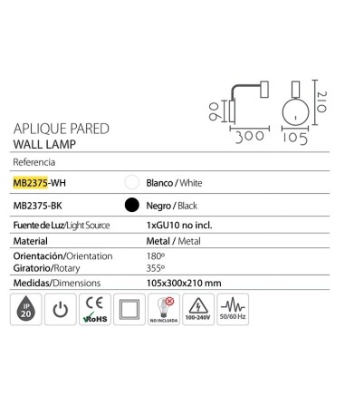Características Aplique de pared foco orientable GU10 MB2375 - Ineslam