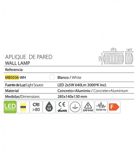 Características Aplique pared Ineslam de cemento estrías - MB5036-WH - LED 5+5W