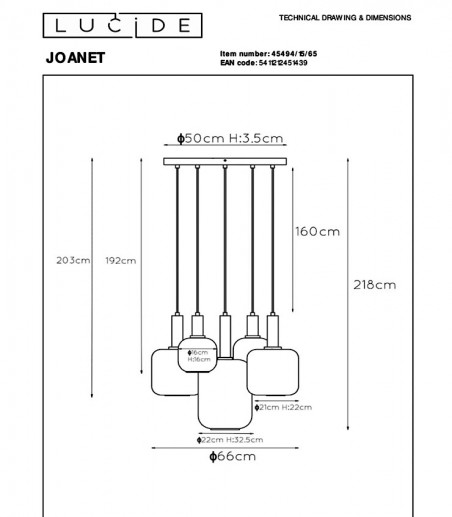 Lámpara de techo circular Joanet 5 colgantes Ø66 cm - Lucide