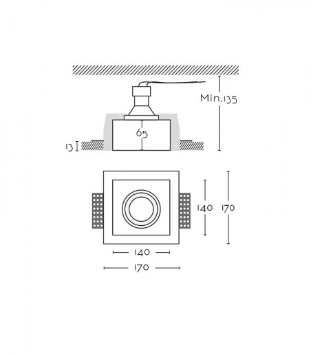 Dimensiones: Dimensiones: Foco empotrable invisible Atos 1 escayola GU10 - Ineslam - 170x170 mm