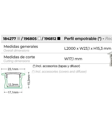 Perfil tira LED empotrable alto 15 mm...