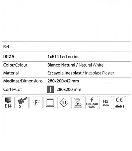 Características Empotrable pared pladur Ibiza escayola E14 - Ineslam - 280x200 mm