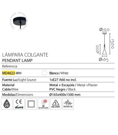 Características Lámpara colgante escayola MD4622-WH - Ineslam