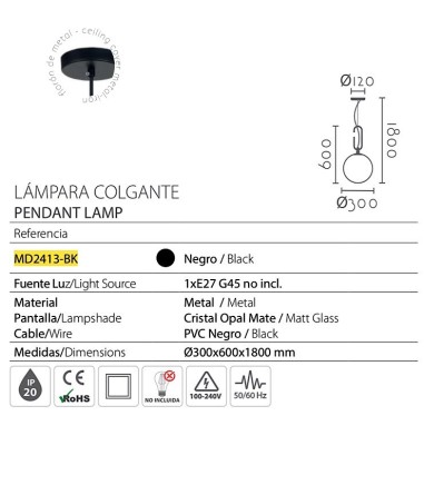 Lámpara colgante globo blanco Ø30cm...