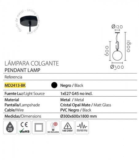 Lámpara colgante globo blanco Ø30cm MD2413-BK - Ineslam