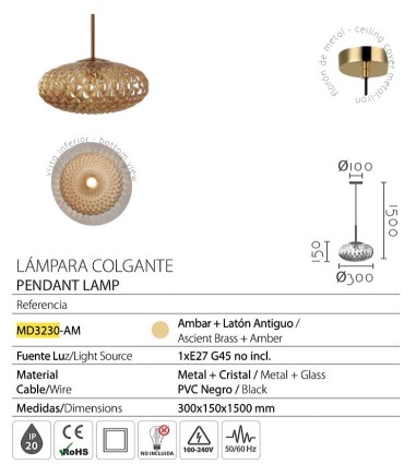Características Lámpara colgante cristal ámbar MD3230-AM Ø30 - Ineslam