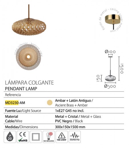 Características Lámpara colgante cristal ámbar MD3230-AM Ø30 - Ineslam