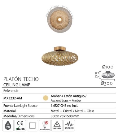Características Plafón de techo cristal ámbar MX3232-AM Ø30 - Ineslam