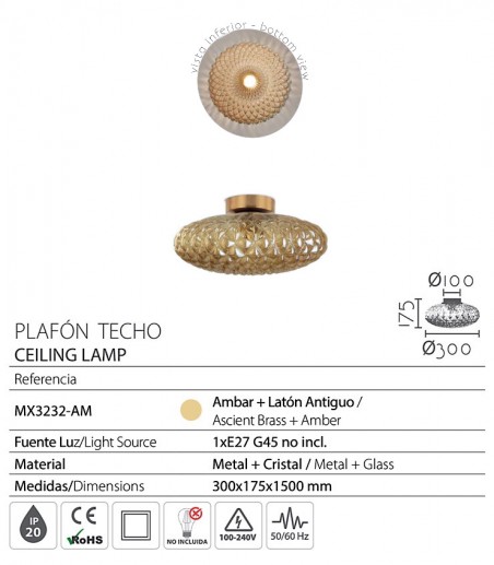 Características Plafón de techo cristal ámbar MX3232-AM Ø30 - Ineslam