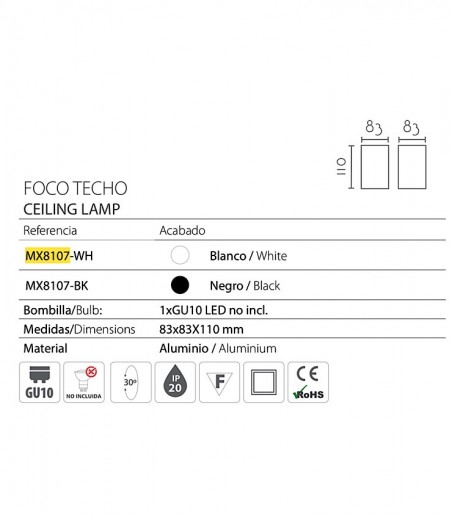 Foco de superficie cuadrado orientable GU10 MX8107 - Ineslam