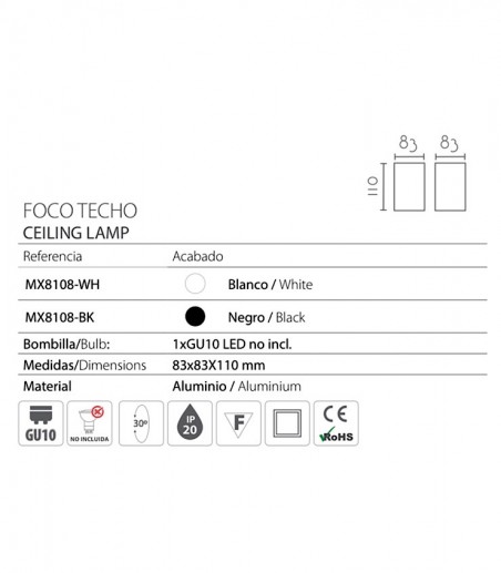 Características: Foco de superficie cilíndrico orientable GU10 MX8108 - Ineslam