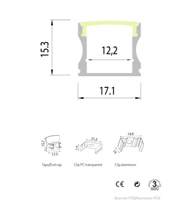 Perfil tira LED superficie alto: 15.3...