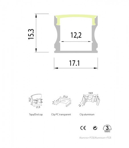 Perfil tira LED superficie alto: 15.3 mm - largo: 2 metros - Mantra