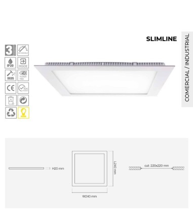 Características Downlight LED gris cuadrado 25W Slimline 2200lm 240 - Maslighting