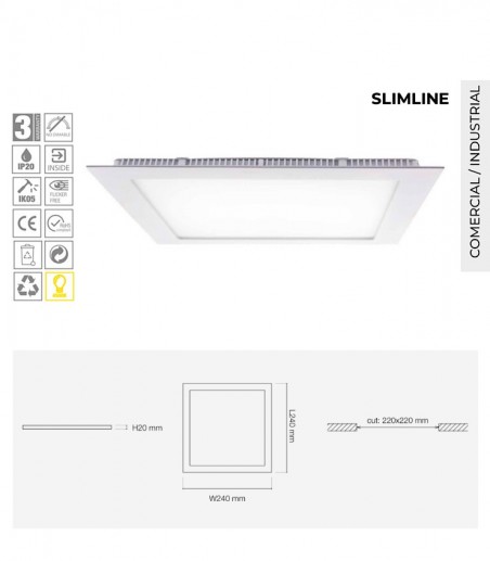 Características Downlight LED gris cuadrado 25W Slimline 2200lm 240 - Maslighting
