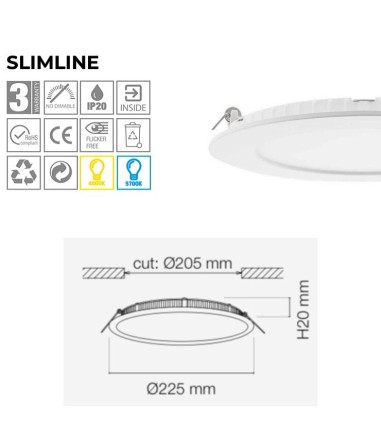 Características Downlight LED 18W Slimline circular blanco 1800lm Ø225 - Maslighting